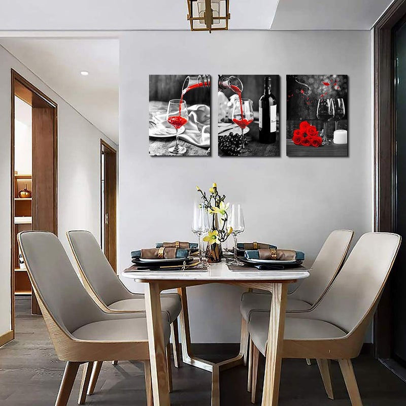 TTHYUEWS Kitchen Wall Art for dining room Wall Decor Still life Black and white Canvas art Prints Wine barrel bar Red rose painting modern family wall decorations restaurant bedroom Decor Artwork 3 piece set - Image 4